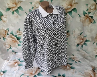 90s Vintage Geometric Print Blouse: Cotton Long Sleeve Shirt, Extra Large