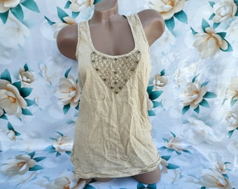 90s Vintage cotton women's beige top/tank top with embroidery. Size S-M.