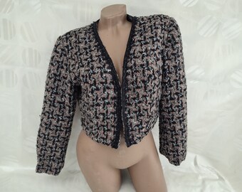 Boléro/veste recadrée brillant vintage des années 90 à manches longues imprimé pied-de-poule pour femmes. Taille M-L.