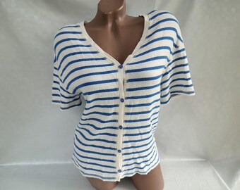 90s Vintage Womens White Blue Striped V-Neck Top/Tee Button Short Sleeve. Size M-L.