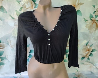 90s Vintage Womens Black V Neck Crop Top Long Sleeve. Size XXS-XS.