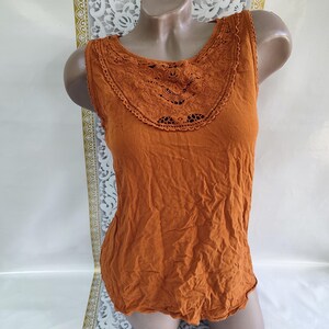 90s Vintage Viscose Women&#39;s Terracotta Lace Sleeveless Top. Size M.
