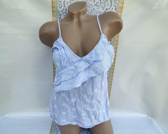 90s Vintage Cotton Women's Blue Ruffle Tank Top Eyelets Open Neck. Size S-M.