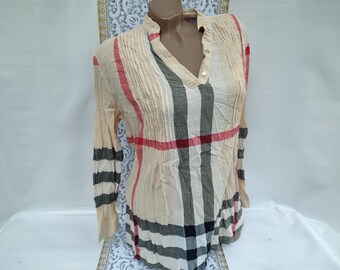 90s Vintage Women's Cream Striped V Neck Long Sleeve Blouse. Size M.