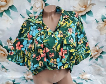 90s Vintage Floral Crop Top: Green Oversized Blouse, Size M-L