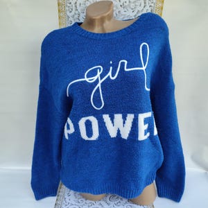 90s Vintage GIRL POWER Women&#39;s Blue Pullover Long Sleeve. Size L.