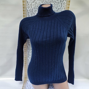 90s Vintage 100% Merino Wool Women&#39;s Blue Ribbed Turtleneck Long Sleeve. Size XS.