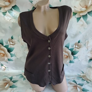 90s Vintage Viskose Damen Dunkelbraune Weste mit Knöpfen. Größe L-XL.