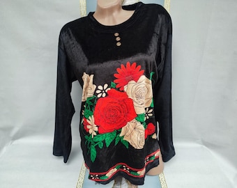 Blusa de mujer de terciopelo negro con estampado floral y manga larga, estilo años 90. Tallas L-XL.