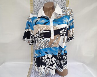 Polo da donna vintage anni '90 con stampa tropicale, maniche corte. Taglia L-XL.