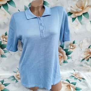 90s Vintage Women&#39;s Germany blue top collar/polo shirt fine knit short sleeve. Size M-L.