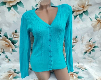 90s Vintage women's turquoise buttoned long sleeve short cardigan. Size XS-S.