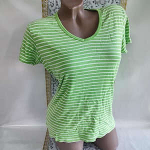 90s Vintage Cotton Women&#39;s Light Green Striped V-Neck Top Short Sleeve. Size M.