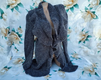 90s Vintage Wool Women&#39;s Dark Gray Long Cardigan Tie Ruffle Long Sleeve. Size S-M.