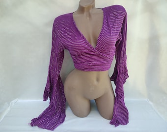 90s Vintage Womens Purple Shiny Striped Bolero Wrap Sleeves Long Ruffle. Size S-M.