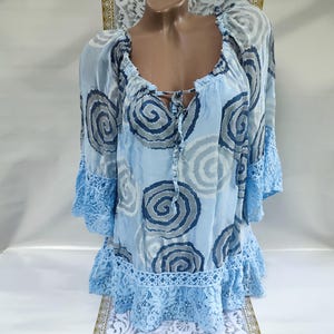 90s Vintage Italy Silk Viscose Women&#39;s Blue Abstract Blouse/Shirt 3/4 Sleeve. Size L-XL.