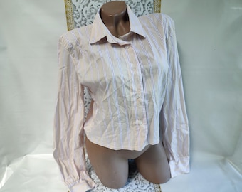 90s Vintage Cotton Women Cream Striped Crop Blouse/Shirt Long Sleeve. Size M.