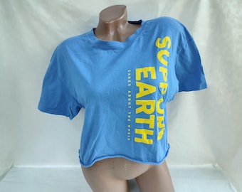 90s Vintage Cotton Womens Oversized Crop Top Short Sleeve. Size S-M.
