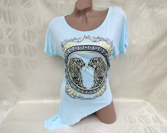 90s Vintage Women's Blue Asymmetrical Top/Tee Tiger Print Short Sleeve. Size S-M.