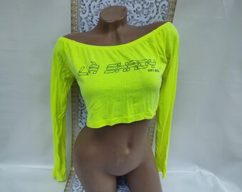 90s Vintage Womens Neon Lime Crop Top Off Shoulder Long Sleeve. Size XS-S.