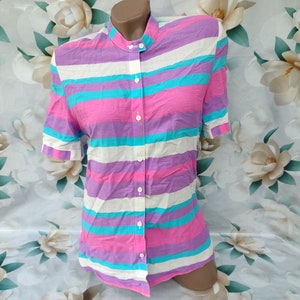 90s Vintage Cotton Viscose Women&#39;s Bright Striped Blouse/Shirt Hippie Short Sleeve.Size M.