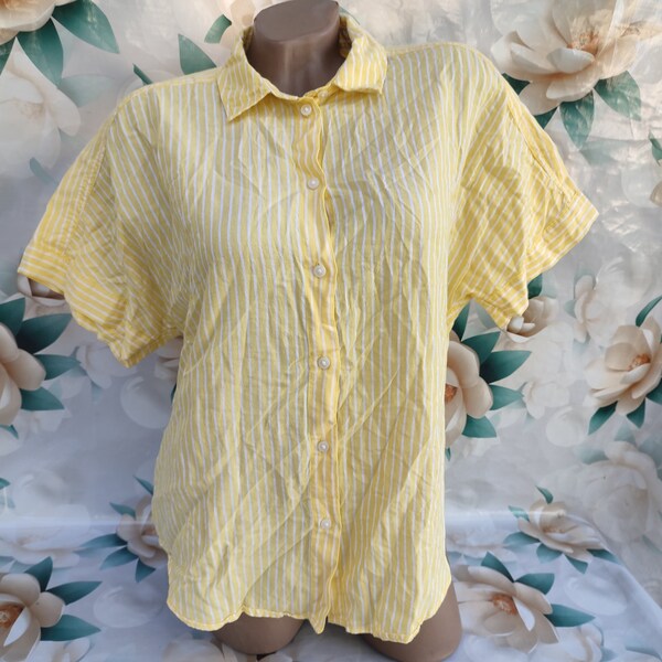 Women Yellow & White Cotton Striped Regular Shirt