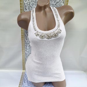 90s Vintage Cotton Women&#39;s Beige Ribbed Tank Top With Rhinestones. Size S.