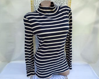 90er Jahre Vintage Baumwolle Damen Blau Gestreifter Gerippter Pullover/Rollkragen Lange Ärmel. Größe XS-S.