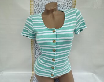 90s Vintage Cotton Women's Mint Striped Ribbed Top Short Sleeve. Size XS-S.