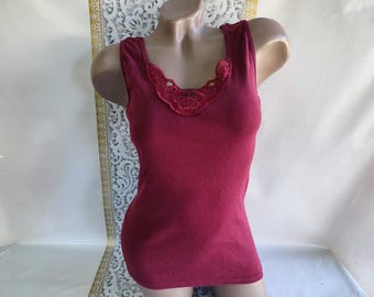 90s Vintage Cotton Women's Burgundy Lace Basic Tank Top. Size S-M.