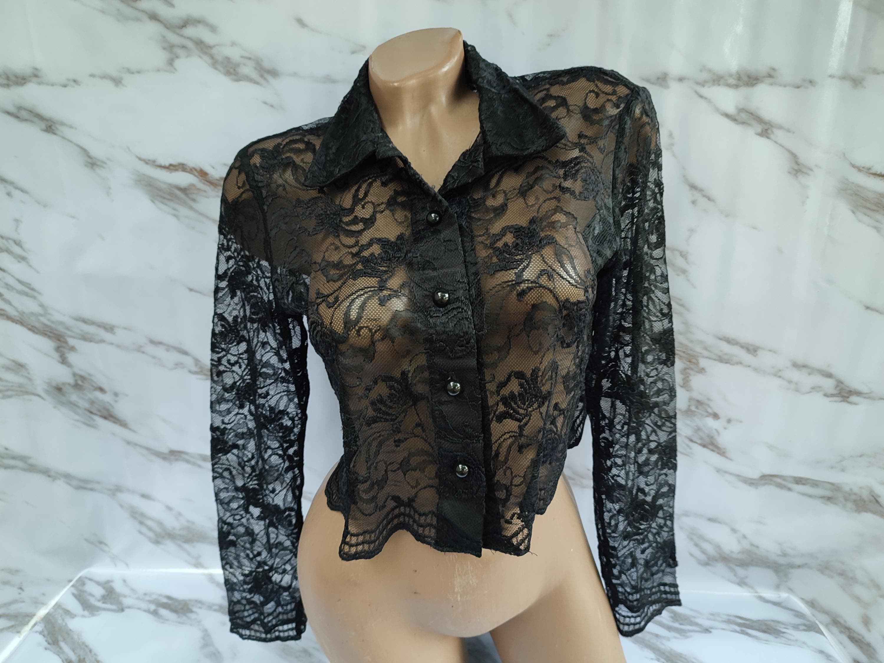 90s Vintage Women's Black Lace Cropped Blouse Collar Long Sleeve