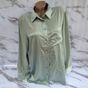 90s Vintage Italy Women&#39;s Mint Satin Blouse Long Sleeve. L Size.