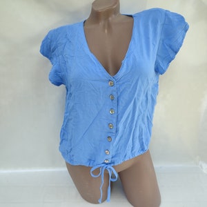 90s Vintage Viscose Women Blue Crop Top Short Sleeve. Size M.