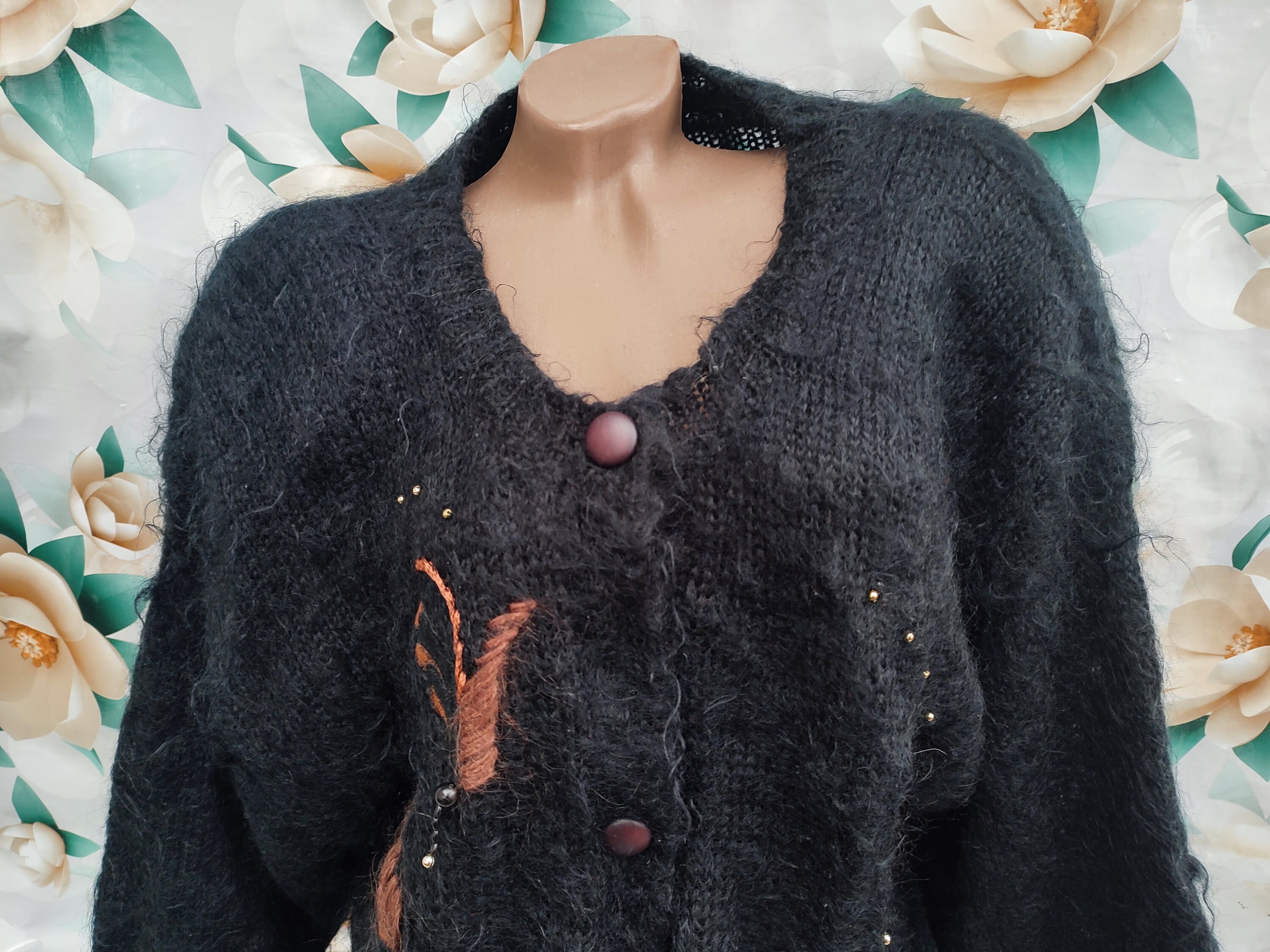 90s Vintage Mohair Women's Black Shaggy Cardigan With 90s Vintage Mohair Women's Black Shaggy Cardigan With
