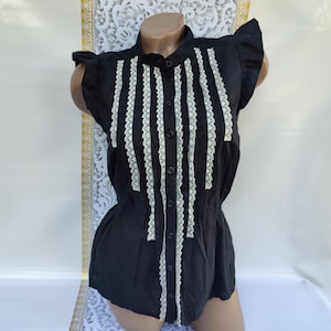 90s Vintage Romania Women&#39;s Black Top With White Lace Inserts Sleeveless. Size S.