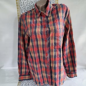 90s Vintage Cotton Women&#39;s Multicolor Checkered Blouse/Shirt Long Sleeve. Size L-XL.