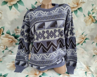 90s Vintage Italy Lana Wool Womens/Mens Blue Sweater/Pullover Geometric Print Long Sleeve. Size M-L.