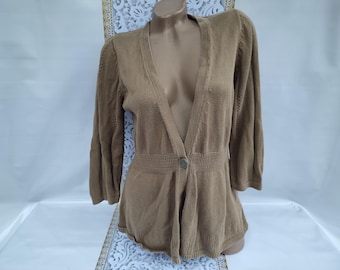 90er Jahre Vintage Baumwolle Damen Khaki Tiefer V-Ausschnitt Cardigan Knopf 3/4 Ärmel. Größe S-M.