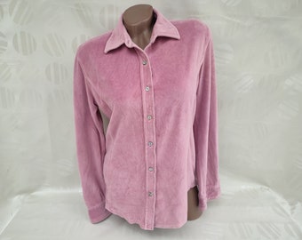 90s Vintage Women's Pink Velour Blouse/Shirt Long Sleeve. Size S-M.