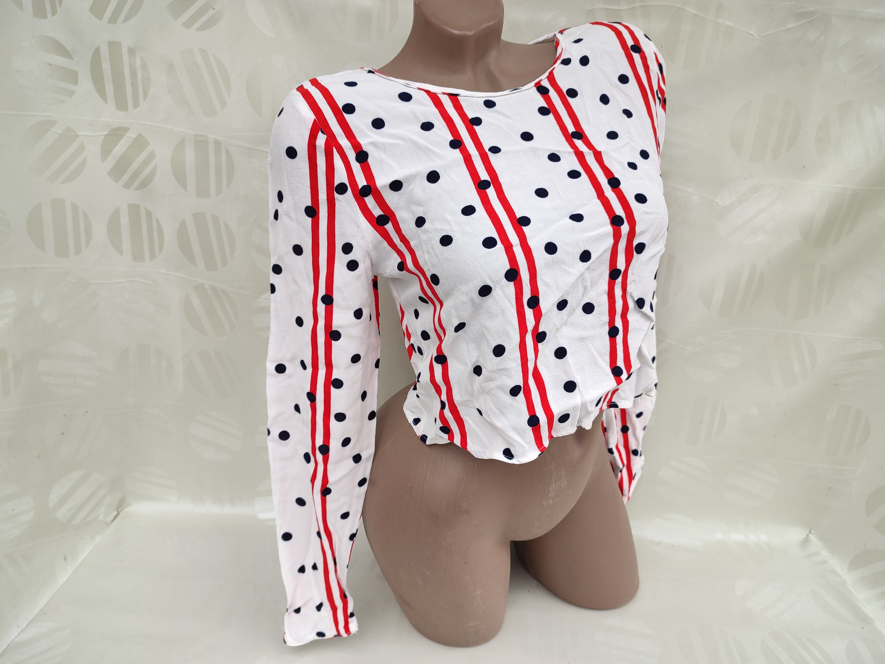 90s Vintage Open Back Womens White Red Striped Top/Tee Polka Dot Long Sleeve. Size S.