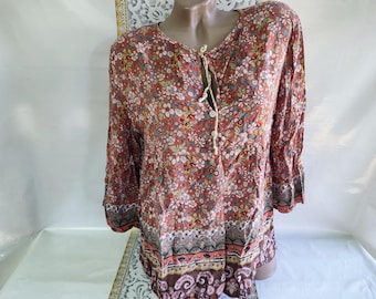 90s Vintage Cotton Women's Tarracotta Floral Paisley Boho Blouse Tie Half Sleeve. Size S-M.