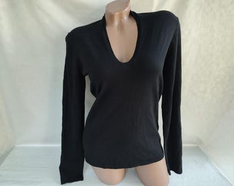 90s Vintage Womens Black V-neck Tie Sweater/pullover Long Sleeve