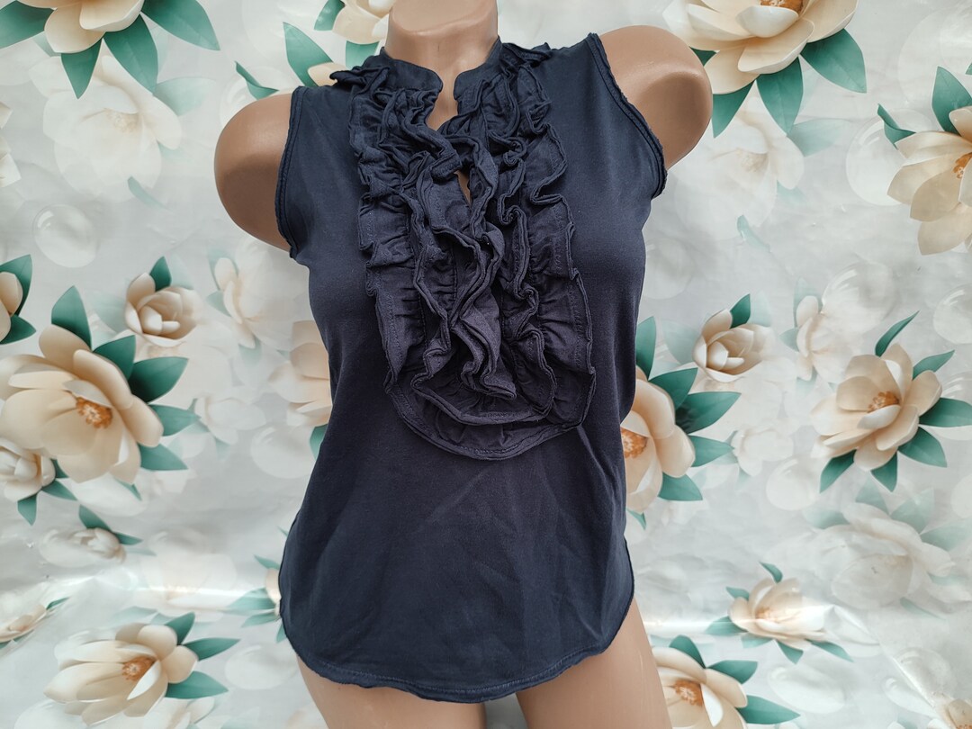 Haut bleu foncé vintage des années 90 pour femmes/chemisier col Jabot