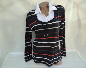 90s Vintage Womens Black Striped Polo Shirt White Collar Long Sleeve. Size S-M.