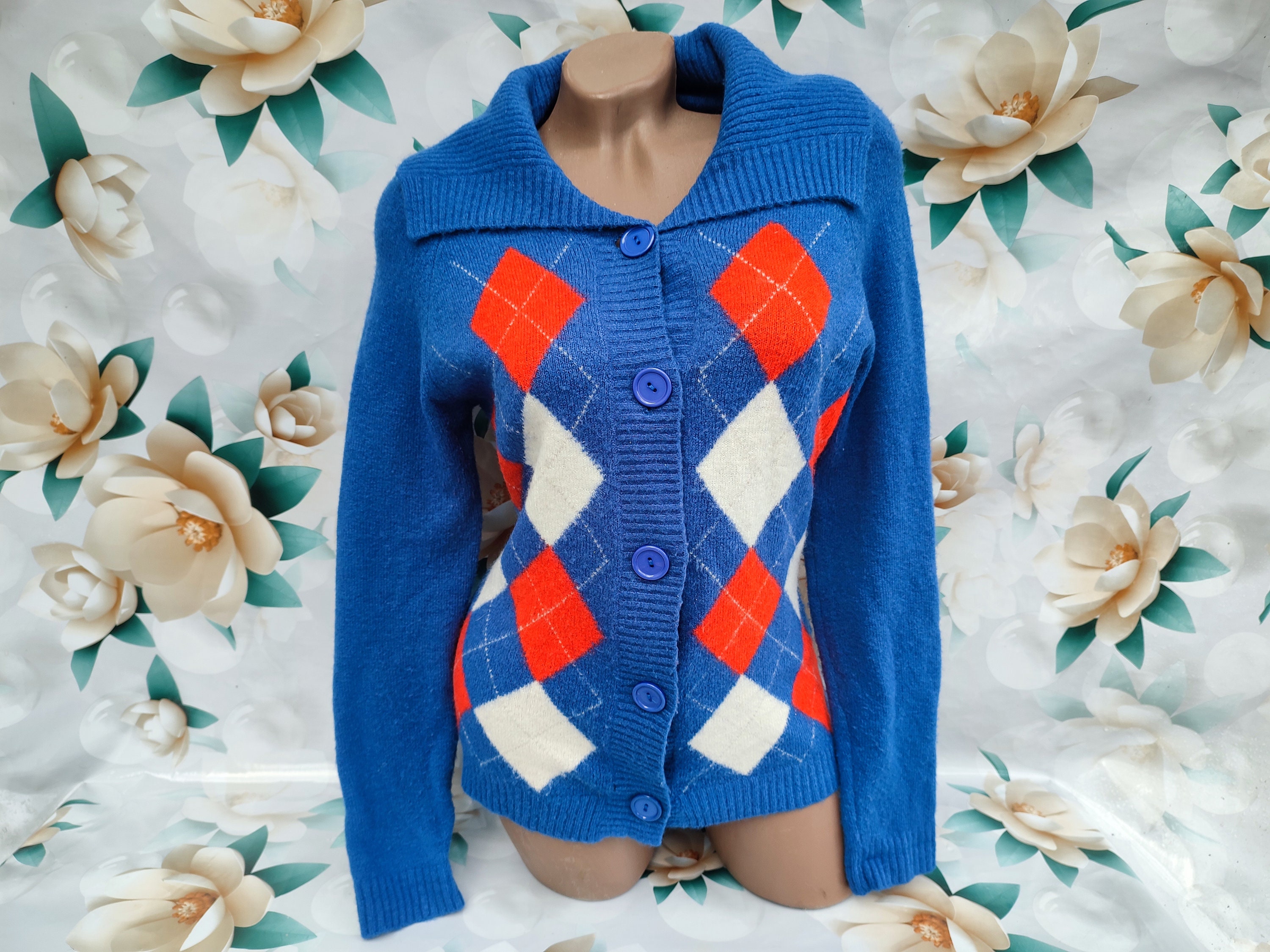 90s Vintage Mohair Cardigan: Blue Argyle Knit, Size S-M - Etsy