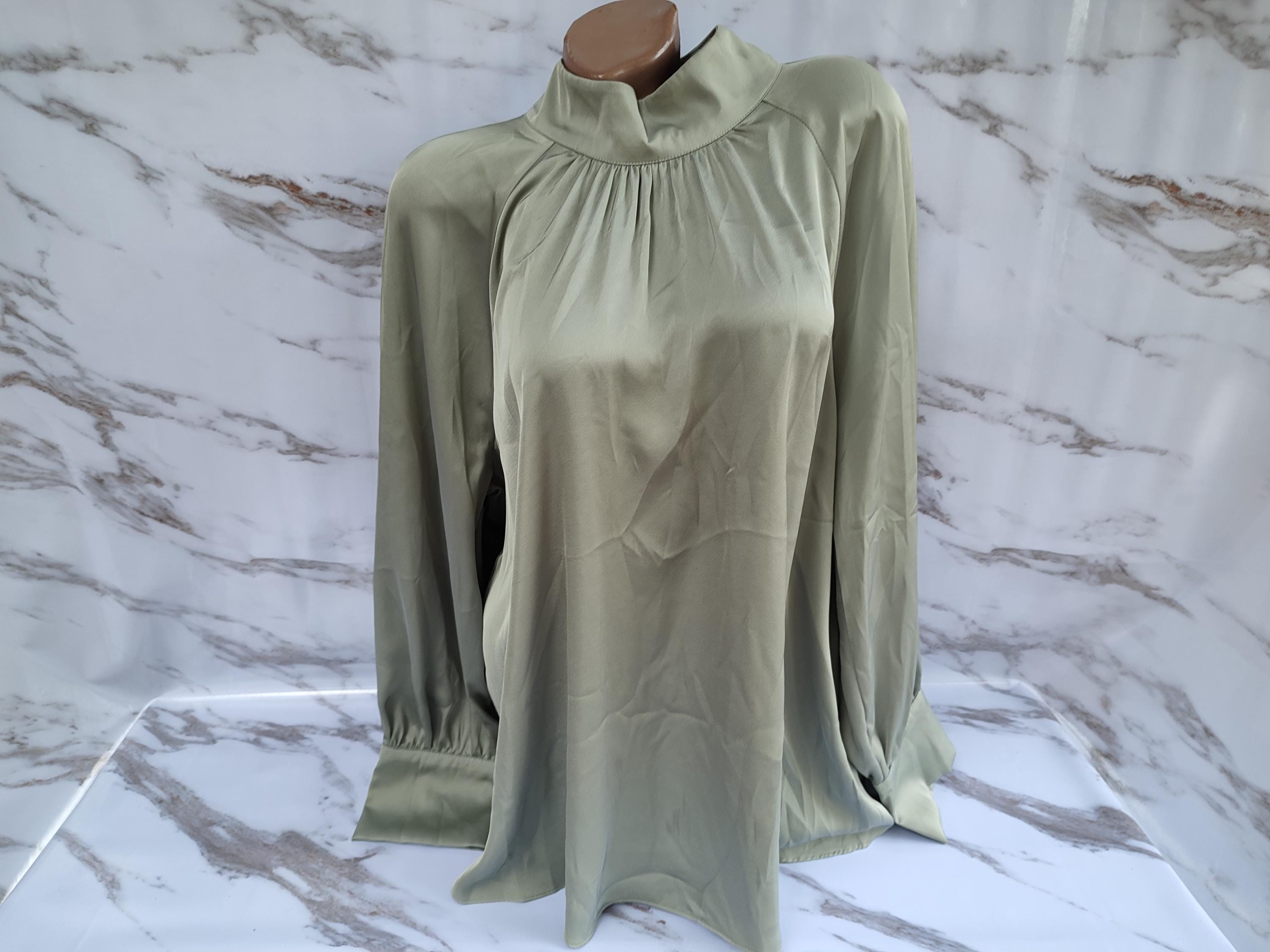 90s Vintage Italy Women's Mint Satin Blouse Long Sleeve. XL Size.