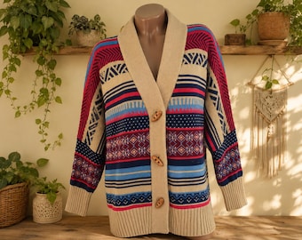 90s Vintage Women's Brown Nordic Collar Cardigan Oversized Button Half Sleeve Sleeve. Size S-M.