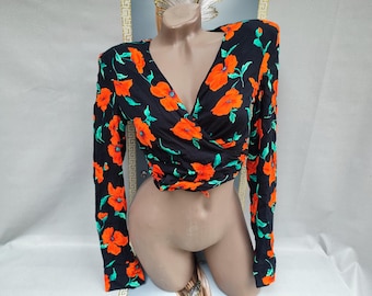 90s Women's Black Floral Wrap Crop Top with Long Sleeves. Size XS-S.