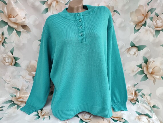Pull surdimensionne vert turquoise vintage des annees 90 pour femmes en maille fine. Pull avec boutons. 100 acrylique. Taille 2XL 3XL. Etsy France