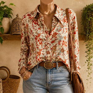 Könnte beinhalten: Ein langärmeliges Hemd mit Knopfleiste und einem floralen Muster in Rot-, Orange- und Hellblautönen. Das Hemd ist in eine hellblaue Jeans gesteckt, die mit einem braunen Ledergürtel mit einer großen, ovalen Metallschnalle gehalten wird.